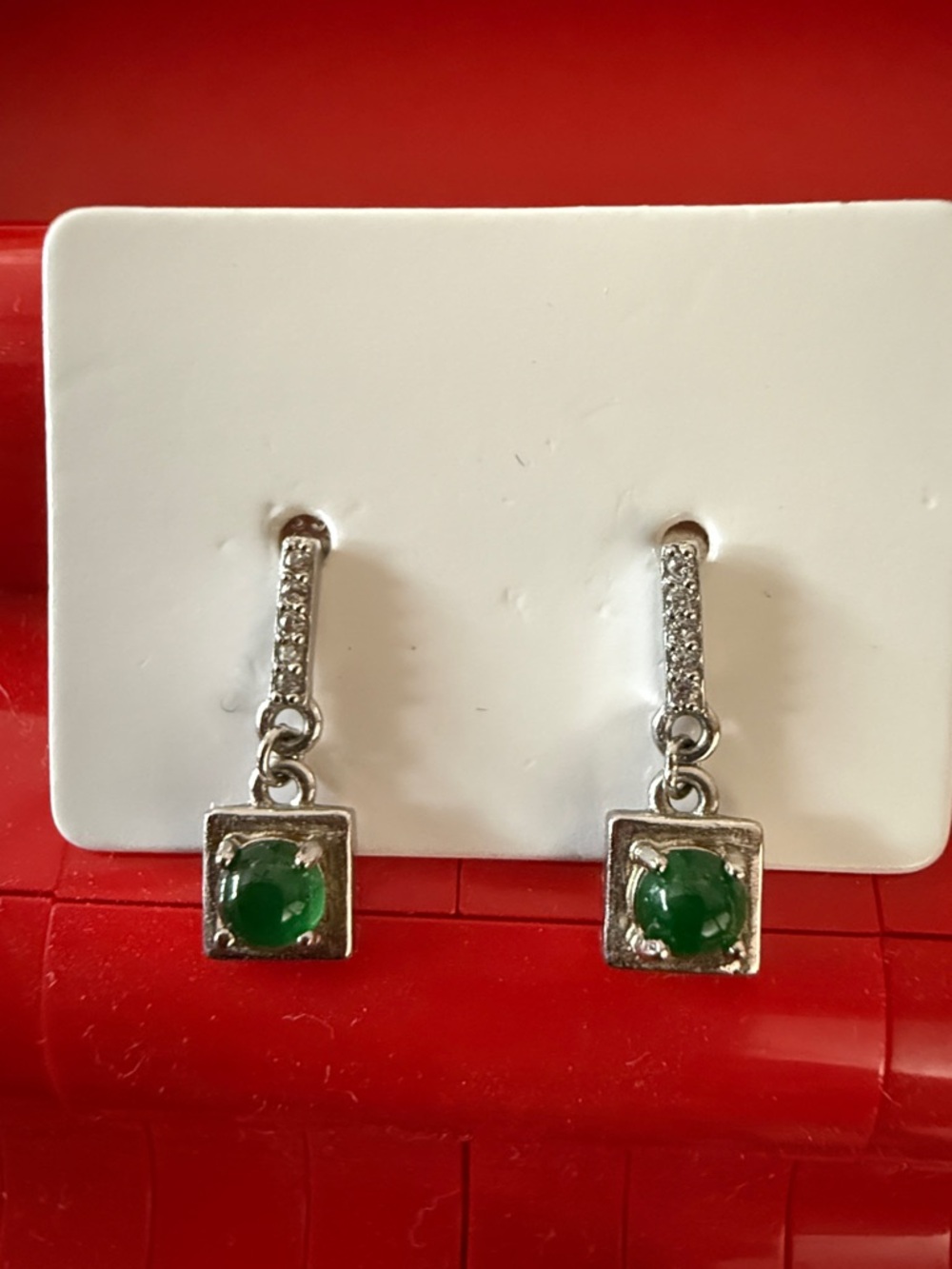 Silver Drop Earrings with Green Jade Accents